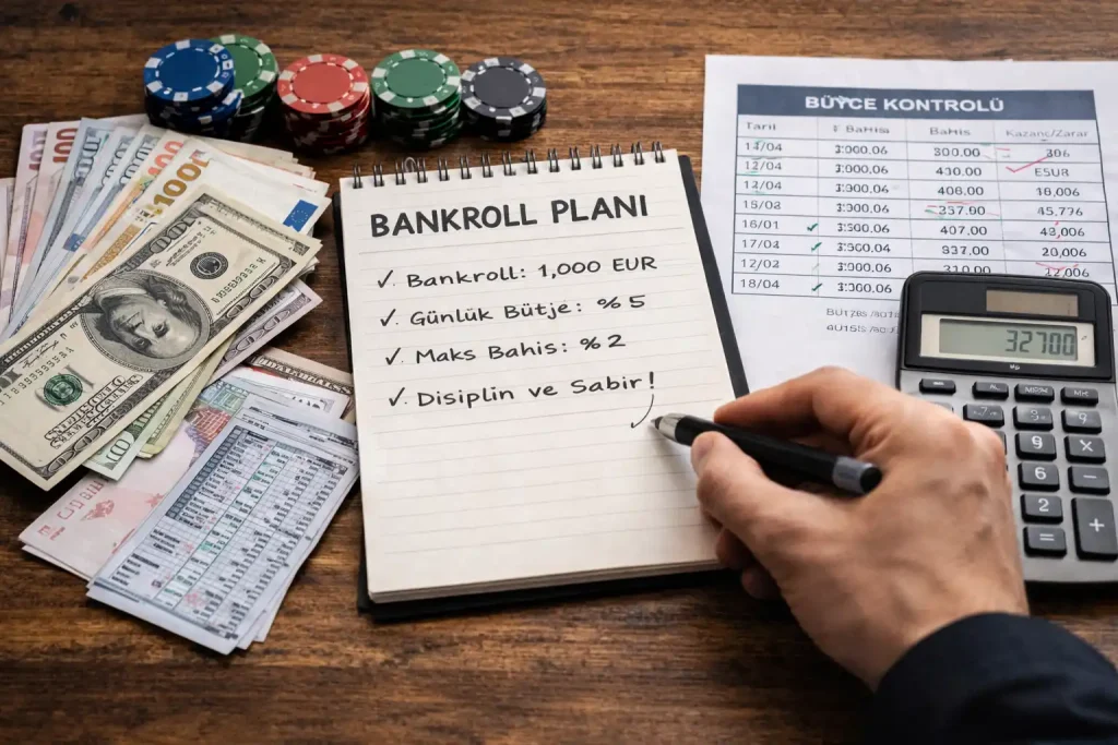 Spor bahislerinde bankroll yönetimi: bütçe planı defteri, farklı para birimleri, hesap makinesi ve disiplinli bahis stratejisini gösteren çalışma masası