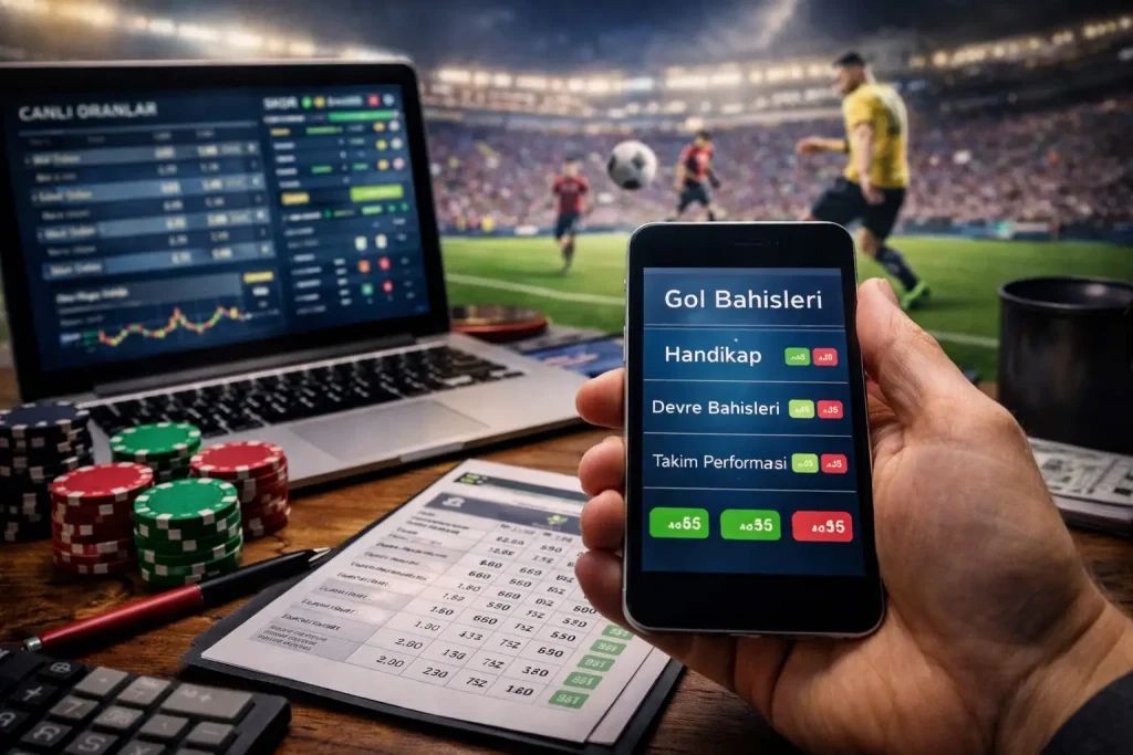 Farklı bahis pazarlarını gösteren canlı spor bahisleri sahnesi; gol bahisleri, handikap ve devre seçenekleri bulunan mobil uygulama, arka planda maç ve oran analizi ekranları